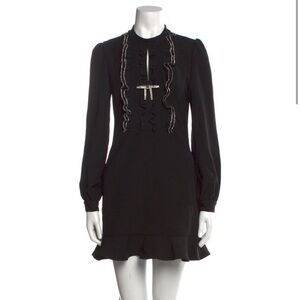 Self Portrait Black Long Sleeve Dress With Rhinestone Ruffle